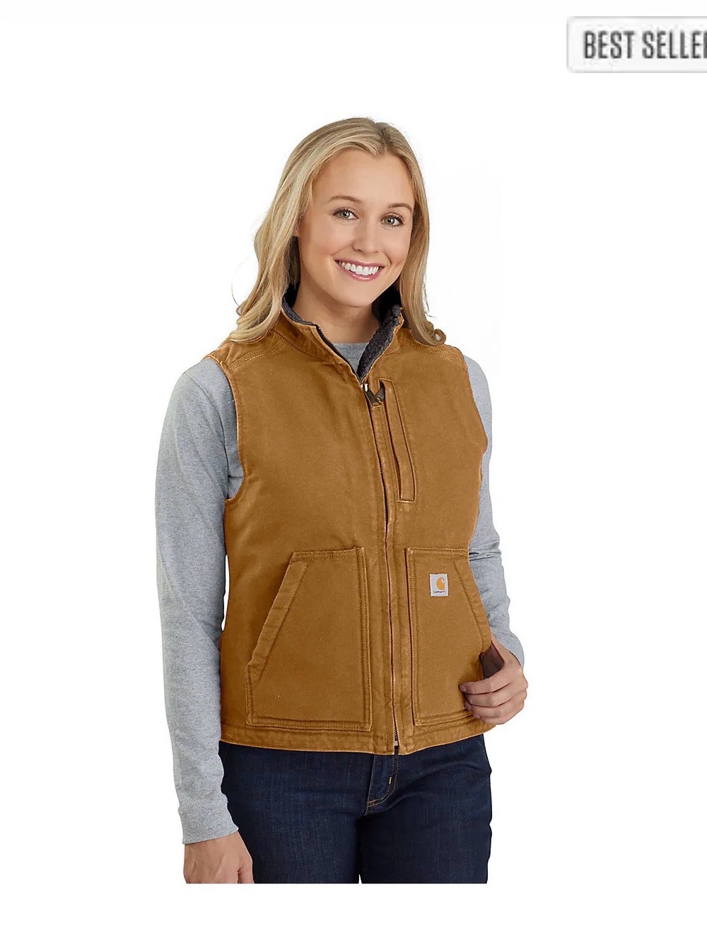 Carhartt Women’s washed duck mock neck vest in color Carhartt Brown